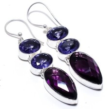 African Amethyst Gemstone Handmade 925 Sterling Silver Jewelry Earrings 2.10"