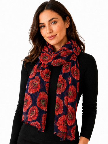 Red poppy print floral scarf - red,