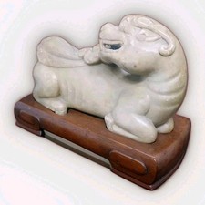 Chinese Carved Stone Qilin on Carved Hardwood Base 