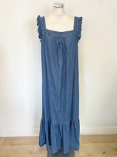 WHISTLES BLUE DENIM SQUARE NECK FRILL TRIM LOW TIE BACK MAXI DRESS SIZE 16