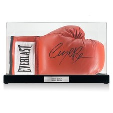 Nigel Benn Signed Red Boxing Glove. Display Case With Plaque