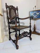 Antique 18th Century Furniture Wooden Oak Carved Arm Chair with Cane Back & Seat