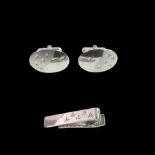 Sterling Silver Star Cufflinks Tie Bar Clip Set Hand Engraved New in Box