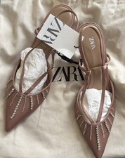 Zara Beige Rhinestone Heeled Slingback Shoes UK4 Ref 2254/410