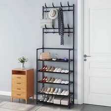 Coat and Hat Stand 8 Hooks Metal Shoe Rack 4/5 Tiers Storage Shelf Standing Rack