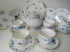 Vintage China TEA SET Mismatched Blue 4 Trios -Cup Saucer Teapot Cake Plate 15pc