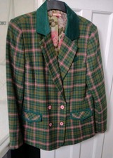 Joe Browns Tweed Jacket Blazer Pink Green Checks Size 16 Double Breasted Velvet