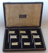 Antique Set 6 Hallmarked 1928 Silver Sandwich Buffet Flags 16 Markers