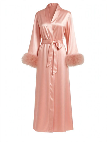 Peach pink satin robe feather - satin,