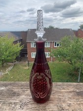 Vintage Cut Glass Cranberry Decanter Cut to White with Air Twist Stopper