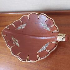 Lombok pottery Indonesian terracotta leaf shaped bowl wirh rattan and stone trim
