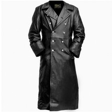 Men's German Classic Officer WW2 Military Uniform Black Rock Real Leather Coat