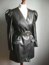 ZARA faux leather coat small 8 10 trench retro puff sleeve belt mac 60s JACKET