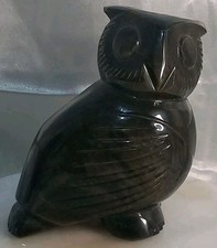 VTG 315g Black Gold sheen Obsidian Quartz Carved Crystal Owl Skull Art Sculpture