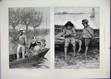 Original Old Antique Print 1886 Family Driver Children Sea Beautiful Victorian