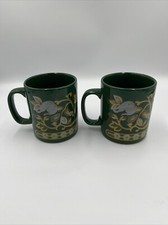 Pair Of Vintage Kiln Craft Staffordshire Green Floral Design Ceramic Mugs