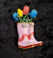Tulips & Pink Wellies Wellington Boots Vintage Art Deco Look Brooch Enamel Pin 