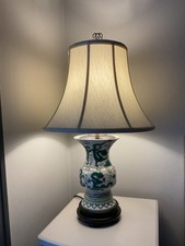 Vintage Chinese Lamp Green Dragons In Wood Base + Shade