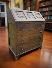 Antique Reproduction oak bureau / Desk Drawers  Linen Fold Old Charm With Key