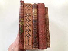 Red Bundle Of 5 Antique Vintage Old Books With Decorative Spines & Pretty Covers