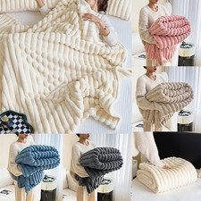 Large Faux Fur Ribbed Fleece Throw Over Bed Ribbed Blanket Warm Soft Sofa Chair
