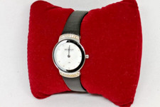 SKAGEN Ladies Silver Tone Crystal Detail Black Leather Strap Watch - Working