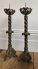 Pair of tall Victorian brass candlesticks, church altar, ornate gothic style 