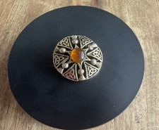  Vintage  Round Gold tone Celtic Cross/Thistle Brooch with Amber coloured stone.