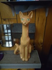 Vintage 70s Long Neck  Brown Cat Figurine Green Eyed Cat Statue 18 Inch 