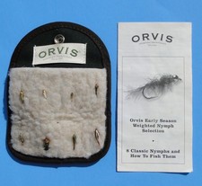 Vtg ORVIS Fly Fishing blk Canvas Trifold Wallet/ Wool Patch Case + 8 Trout Flies