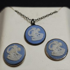 Wedgwood Blue Jasperware Cameo Sterling Silver Necklace & Earrings Set Vintage