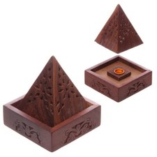Sheesham Wood Pyramid Incense Box Cone Burner Holder with Flower Fretwork