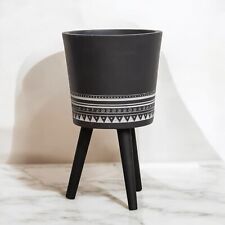 Black Indoor Planter Ornate Clay Wooden Legged Indoor Plant Pot Home Decor NG