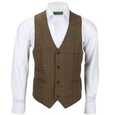 Mens Brown Tweed Check Waistcoat Herringbone Luxury Formal Tailored Fit Vest
