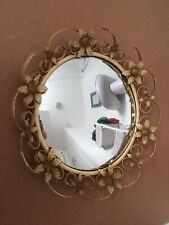 Vintage Concave Mirror Floral Design Metal Frame 18 3/4” Rear Chain For Hanging