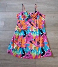 TU Bright Tropical Floral Print Linen Mix Flared Dress Holiday Party Casual UK18