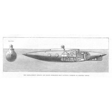 SUBMARINE BOAT Nautilus Working by Electric Power - Antique Print 1887