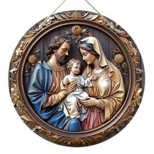 HOLY FAMILY - JESUS & MARY OUR LADY & JOSEPH 8" FLAT 2D CHRISTIAN WOODEN PLAQUE