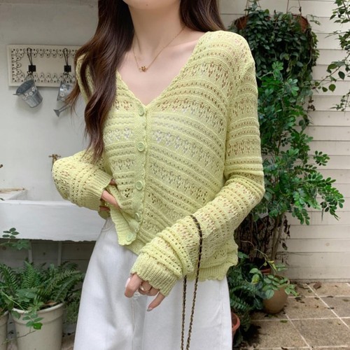 Thin knitted cardigan hollow - knitted,