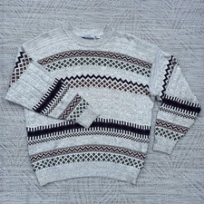 Vintage 90s Baggy Fair Isle Jumper Men's L Cream Cotton Knit Canadian Outdoor