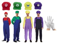 Mens Super Mario Fancy Dress Outfit Villain Overalls Game Costume, Hat & Gloves