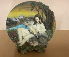 Beautiful 8”Native American Indian Women With Wolfs 3D TABLE ART SCULPTURE PLATE