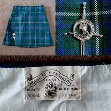 House of Henderson Scottish "Hay, Hunting" Tartan Kilt W34" with Two Kilt Pins