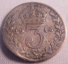 1916 KING GEORGE V BARE HEAD .925 SILVER 3d THREE PENCE COIN IN CLEAR FLIP