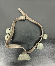 Antique Brass Sleigh Petal Bells Leather Neck Collar Strap Unique Center Bell
