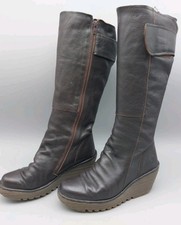 Fly London Dark Brown Leather Full Length Boots Wedge Soles Size 4UK/37EU (M27)