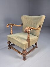 Vintage Danish Lounge Chair Green Moquette Carved Oak Frame 1940s EB8998 VCLO