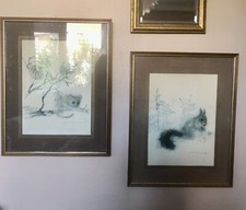 2 Vintage Art Prints Animals Signed Mads Stage Danish Artist Framed