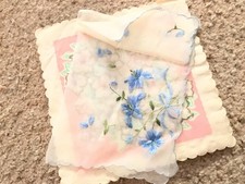 Beautiful Delicate Ladies Vintage Voile Blue  Embroidered Scalloped Handkerchief