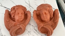 A Pair Of 2 Vintage Terracotta Angel Wall Hanging Ornament Clarinet